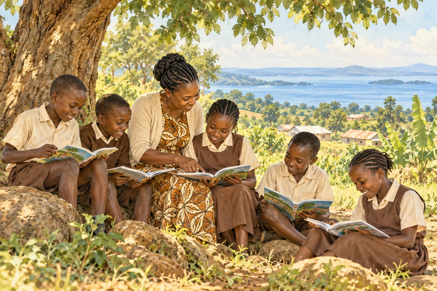 Children reading together with a teacher under a tree near Lake Victoria